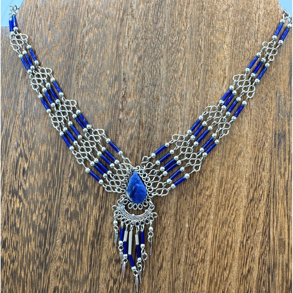 Blue Beaded Multi Strand Bib Necklace Silver Tone Fringe Statement Tribal Gypsy